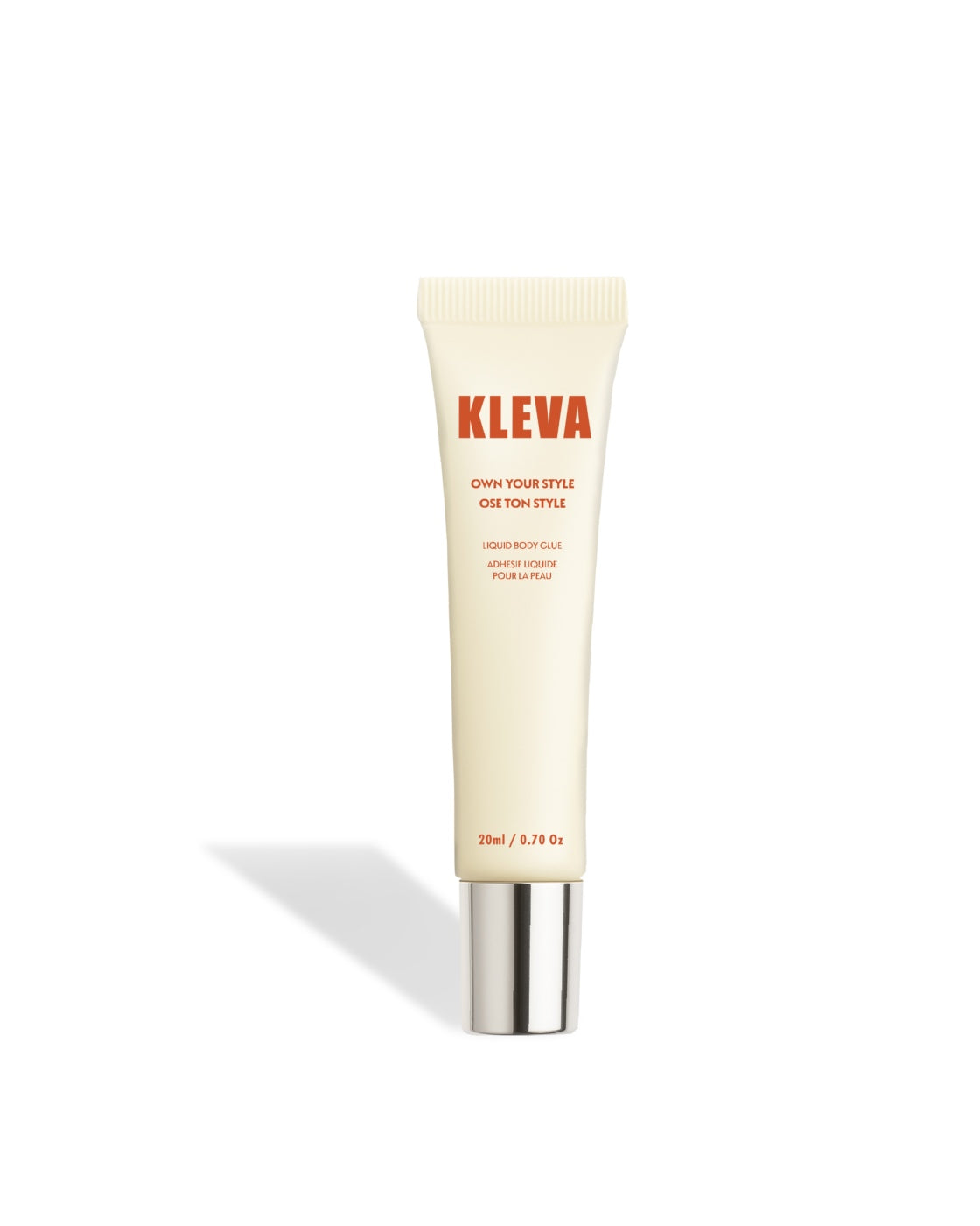20 milliliter KLEVA body glue tube with silver cap. On the tube is written "Own your style" and "Liquid Body Glue"